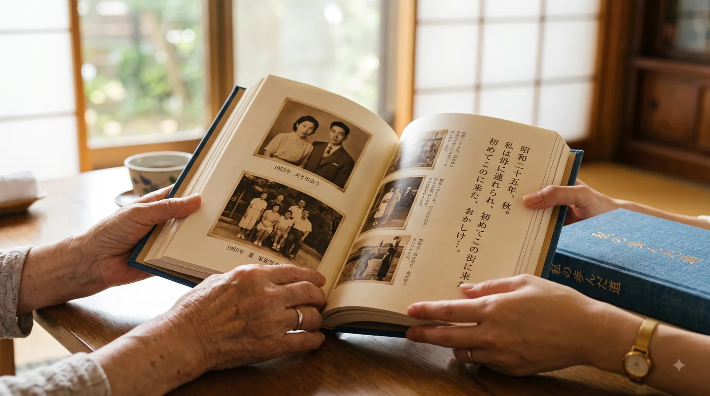 完成した自分史を、親子で一緒に読み返す様子