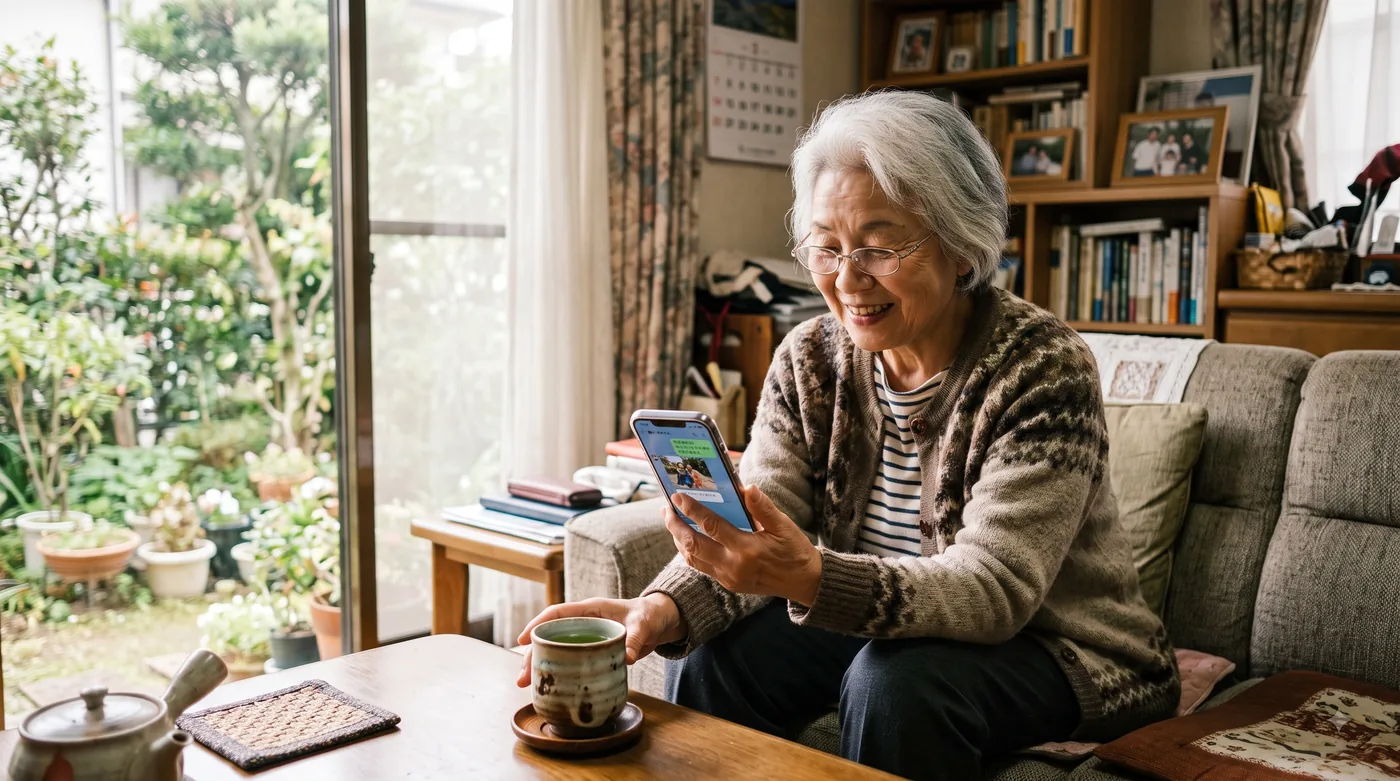 自宅のリビングでスマホに届いた質問を読み、微笑む母
